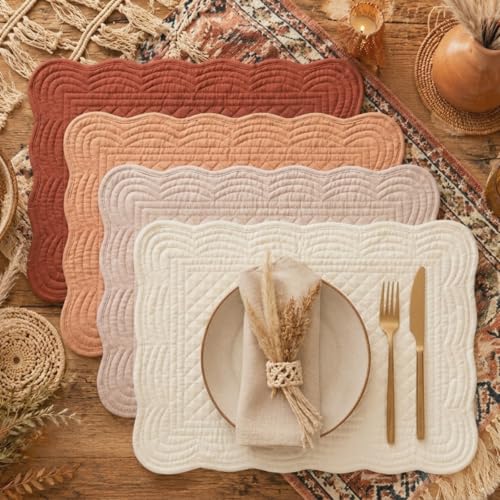 4 Pcs Quilted Placemats, Cotton Scalloped Fan Edge Boho Table Mat