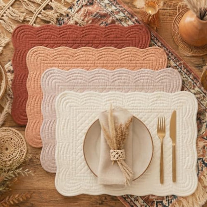 4 Pcs Quilted Placemats, Cotton Scalloped Fan Edge Boho Table Mat