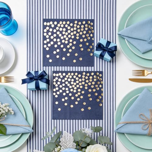 80 Pack of Paper Cocktail Napkins with Gold Foil Polka Dot Confetti，Polka Dot Party Supplies(5 x 5 in，2-ply) (80, blue gold) - style: Blue Gold Dot