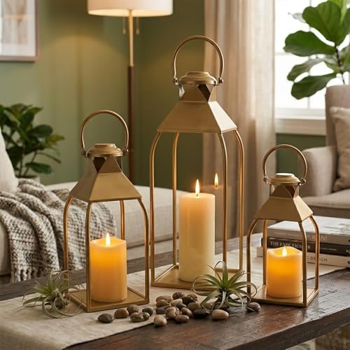 Decorative Metal Lanterns Indoor Outdoor, Candle Holder for Porch, Patio, Fireplace, Floor, Wedding, Christmas, Fall, Holiday, Farmhouse Table Centerpiece (Antique Gold, Set of 3 20" 15.7" 12") - color: Antique Gold, size: Set of 3 20" 15.7" 12"