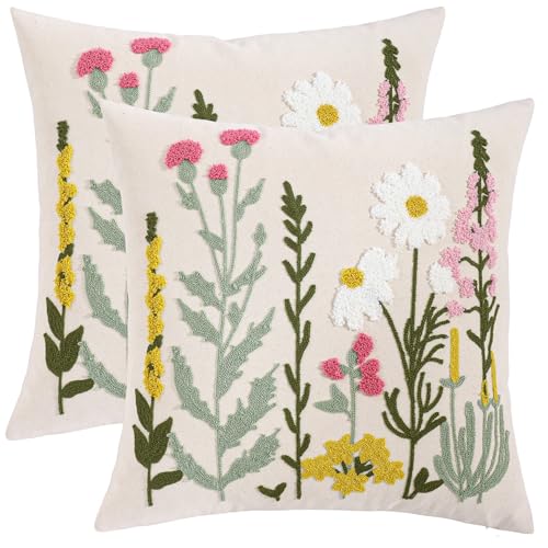 Embroidered Throw Pillow Covers 18x18 Pack of 2 Daisy Flowers - color: Floral Daisy