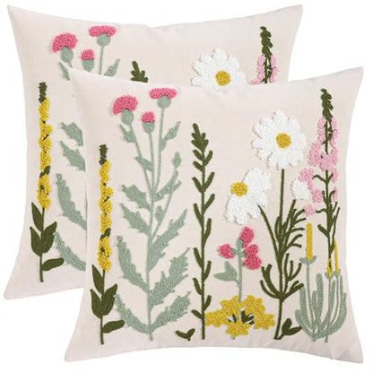 Embroidered Throw Pillow Covers 18x18 Pack of 2 Daisy Flowers - color: Floral Daisy