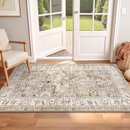 LOKHOM 2x4 Washable Area Rugs, Boho Floral Non-Slip Carpet Rug, Beige - color: Beige Brown, size: 2' x 4' (Runner)