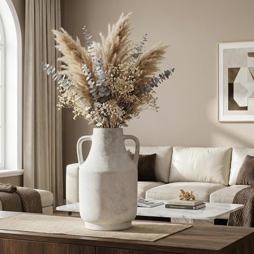 11" Tall Large Matte White Vintage Ceramic Vase with Handles, Distressed Washed Farmhouse Vase, Table Centerpiece for Living Room Entryway Kitchen Bathroom, Fits Dried Pampas Grass (005-white) - color: 005-white