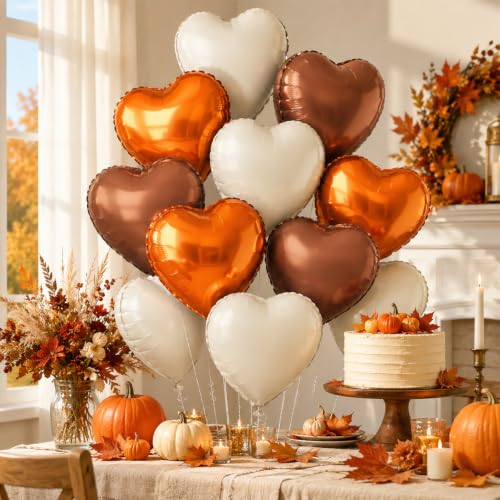 Orange White Brown Heart Balloons,12Pcs 18Inch Heart Shaped Balloons - color: Orange White Brown