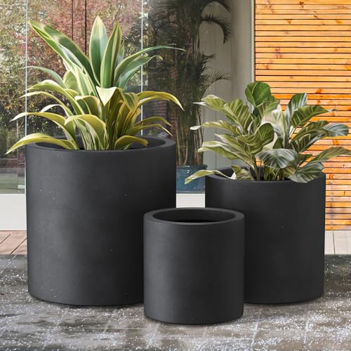 Kante Set of 3 Black Concrete Cylinder Planters 15.8" 12.9" 9.8" Dia - color: Black, size: 9.8",12.6",15.7" Dia