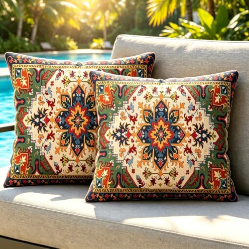 Bohemian Waterproof Outdoor Pillow Covers 16x16 Set of 2, UV Fade Resistant Boho Patio Cushion Cases, Farmhouse Aztec Geometric Decorative Throw Pillows for Couch Chair Garden Porch - color: Boho-3, size: 16" x 16" (Pack of 2)