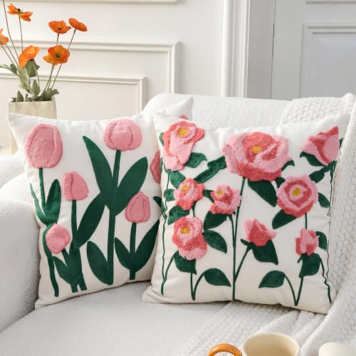 Rose Tulip Pink Floral Spring Embroidered Throw Pillow Cover 18x18 Set of 2 - color: Rose Pink