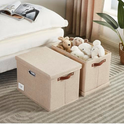 15" Fabric Storage Box with Lids, 3-Pack, Khaki - color: khaki, size: Medium-15"