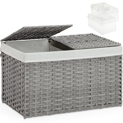 SETVSON Storage Basket with Lid PE Rattan 27.8 Gal Wicker Chest, Gray - color: Gray, size: 105L-25.2L*15.4W*16.1H