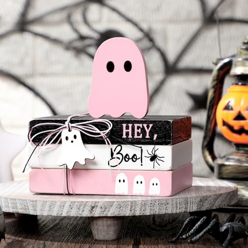 GlikCeil 4 Pcs Halloween Ghost Table Decorations Spooky Wooden Signs,Pink - color: Pink