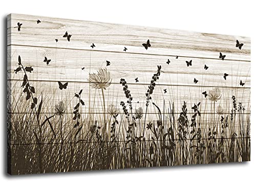 Wildflower Wall Art Autumn Canvas Picture Butterfly Grass Dandelion Artwork Vintage Wooden Board Painting Prints for Bedroom Living Room Office Home Kitchen Wall Decor Framed Ready to Hang 29" x 58" - color: Botanical Wild Flowers, size: 58"L x 29"W
