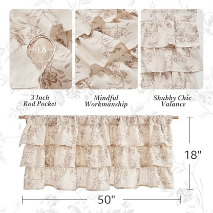 jinchan Alisa Ruffled Floral Valance Curtain 18 Inch 1 Panel Taupe on Linen - color: Alisa Taupe on Linen