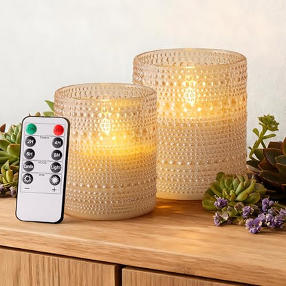 Gold Dotted Glass Real Wax Flameless Battery-Operated LED Pillar Candles - color: Gold