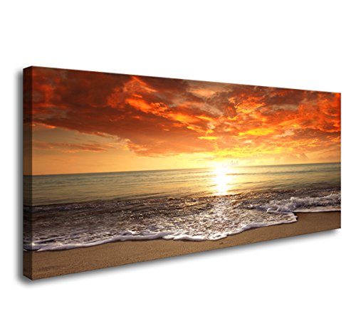 Baisuart-S0162 Canvas Prints Wall Art Sunset Ocean Beach Pictures Photo Paintings for Living Room Bedroom Home Decorations Modern Stretched and Framed Seascape Waves Landscape Giclee Artwork - color: Golden, size: 48"L x 24"W