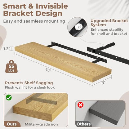 36 Inch Floating Shelves, 8"Deep Wall Shelf, 55 Lbs Capacity, Oak, 2pcs - color: Oak, size: 36"Wx8"Dx1.2"H