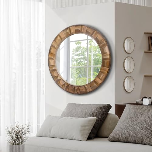 30 Inch Dark Brown Solid Wood Round Wall Mirror - color: A - Round - 30x30 in