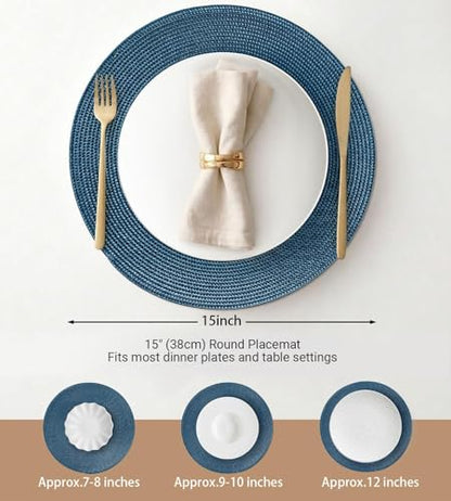 FunWheat Round Braided Placemats Set of 12 Place Mats for Dining Table Woven Washable Non-Slip Table Mats 15 Inch(Blue,12pcs) - color: Blue, size: Set of 12