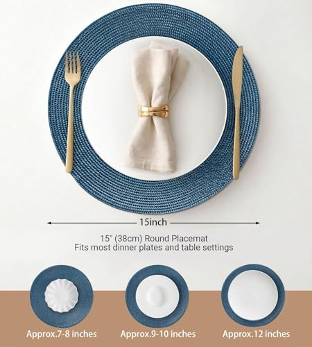 FunWheat Round Braided Placemats Set of 12 Place Mats for Dining Table Woven Washable Non-Slip Table Mats 15 Inch(Blue,12pcs) - color: Blue, size: Set of 12