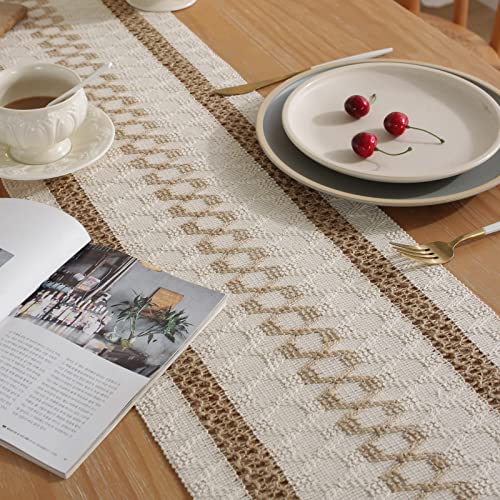 Boho Burlap Macrame Table Runner, Farmhouse Style Cotton Linen Rustic Woven Table Runner with Tassels for Dining, Wedding, Bridal Shower, Bohemian (12x72 inch, Coffee Lines) - color: Coffee Lines, size: 12x72 inch
