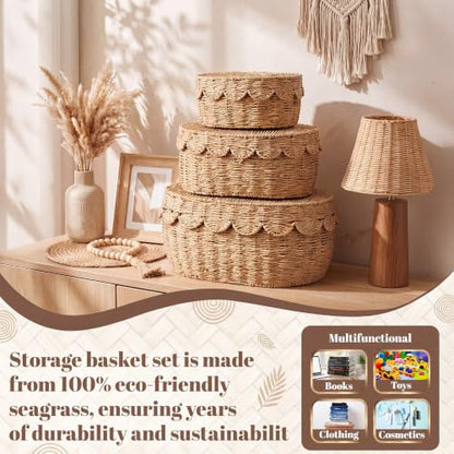 Newtay 3 Pcs Large Scalloped Wicker Rattan Storage Baskets with Lid