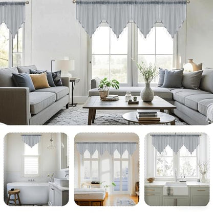 WUBODTI Grey Sheer Beaded Valance Curtains for Windows, Boho Bead Tassels Voile Kitchen Swag Curtain Triangle Sheer Valances Window Valances for Bedroom Living Room Bathroom,3PCs, Each W51 x L24 - color: Grey