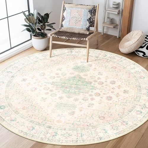 MUJOO Round Rugs 5ft Circle Area Rug Washable Boho Low Pile Pink and Green - color: Pink and Green, size: 5' (Round)