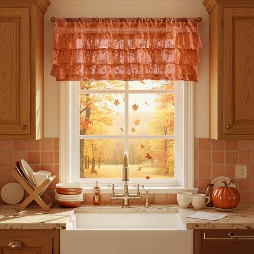 Kotile Burnt Orange Lace Ruffle Valance for Windows W52 x L18 inch, 1 Panel - color: Burnt Orange - Ruffle Lace
