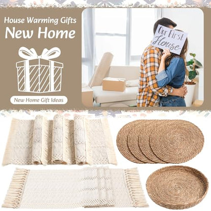 Boho Table Runner and Placemats Set, 4 Sets, Beige, 12x72 - color: Beige, size: 12x72"