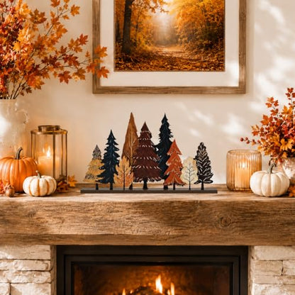 Smile Fall Thanksgiving Wooden Standing Decor, Autumn Forest Maple Pine Tree Tiered Tray Signs with Stands for Rustic Farmhouse Home Kitchen Shelf Decor - style: Fall Tree