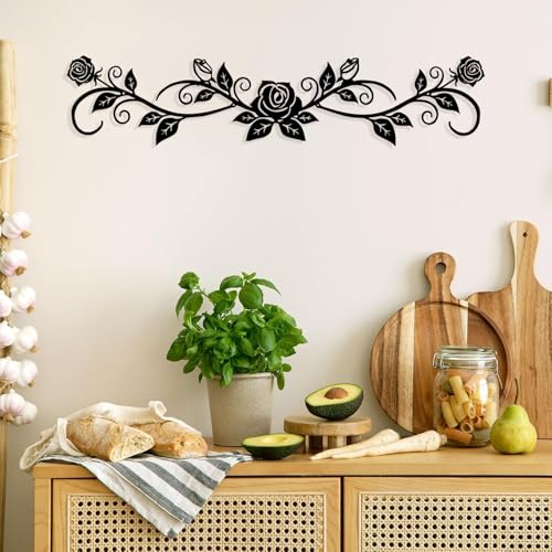 ELENWYNN Metal Rose Floral Wall Decor Art, Rustic Wrought Iron Plant Leaves Vine Scrolls Hanging Sculptures Sign, Flowers Home Ornaments for Above Doors, Bedrooms Living Room Or Dining Walls-Black - color: Rose Scroll - Black