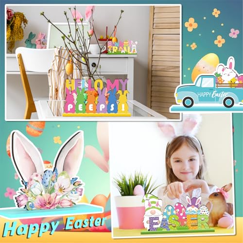 6 Pcs Easter Tabletop Decorations Easter Table Decor Tiered Tray Decorations Set Happy Bunny Egg Truck Wooden Signs Gnome Rustic Table Centerpiece for Home Spring Party - style: Bunny