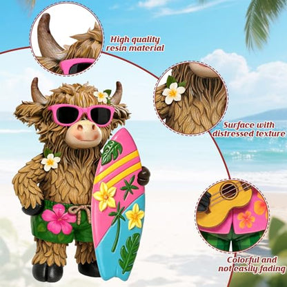 2 Pcs Highland Cow Figurines, Summer Beach Hawaii Decor - style: Hawaii