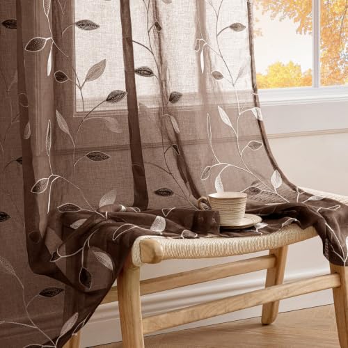 MIULEE Chocolate Brown Sheer Curtains 2 Panels Leaf Patterned, W52 x L84 - color: Chocolate Brown, size: 52"W x 84"L (Pack of 2)