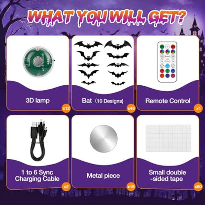 LUDILO 48P Bats Halloween Decorations + 12P Rechargeable Lights with Remote - color: Black, Black