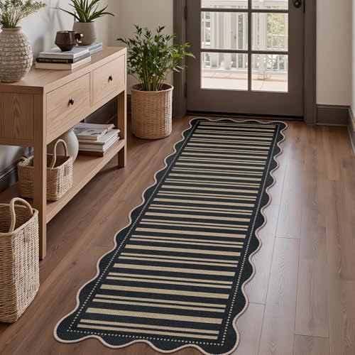 Striped Easy Jute Runner Rug, 2x6 Kitchen Rug Non Slip Washable Outdoor Runner for Entryway Indoor, Farmhouse Black Indoor Outdoor Carpet for Hallway Porch Laundry - color: Black Striped, size: 2'x6' (Runner)