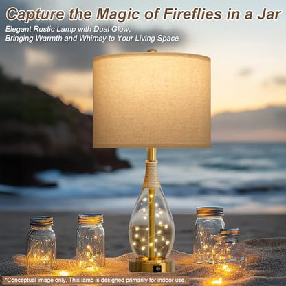 OYEARS 23" Table Lamps for Living Room Set of 2 Bedside Lamps for Night Stands Bedroom Lamps Farmhouse Rattan Boho Lamp Glass Nightlight End Table Lamp with USB C+A (Gold),Two Light Points - color: Light Gold