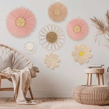 Chunful 7 Pcs Boho Wall Basket Decor Rattan Flower, Dark Pink - color: Dark Pink