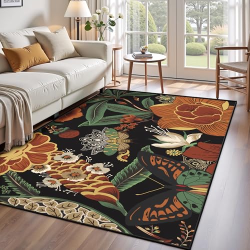Tyrot Vintage Black Boho Floral 3x5 Washable Area Rug Flat Woven Ultra-Thin Low Pile Botanical Rugs Non-Slip Indoor Rug for Bedroom, Entryway, Kitchen, Dorm, Kids Room, Nursery - color: Mocha Noir, size: 3' x 5' (Rectangular)
