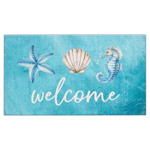 Jvpke Blue Beach Welcome Mat for Front Door, Beach Door Mat, Starfish Seashell Seahorse Beachy Door Mats Indoor Outdoor Entrance Porch, Ocean Beachy Baths Mats for Bathroom, 17x30 Inches - color: Beach Welcome Blue