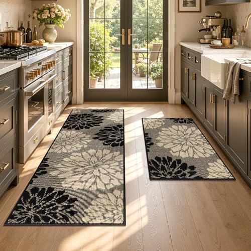 Findosom Kitchen Rugs Sets of 2, Floral Washable Kitchen Runner Rug, Black - color: Black/Beige, size: 24" x 36" + 24" x 60"