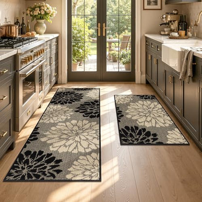 Findosom Kitchen Rugs Sets of 2, Floral Washable Kitchen Runner Rug, Black - color: Black/Beige, size: 24" x 36" + 24" x 71"