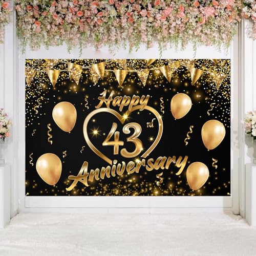 Happy 43rd Anniversary Backdrop Party Decorations, Black Gold Glitter Bokeh Dots Valentine's Day Wedding Anniversary Party Photo Background Cake Table Banner Extra Large Wall Decor Props. 6 * 4ft (43) - color: 43