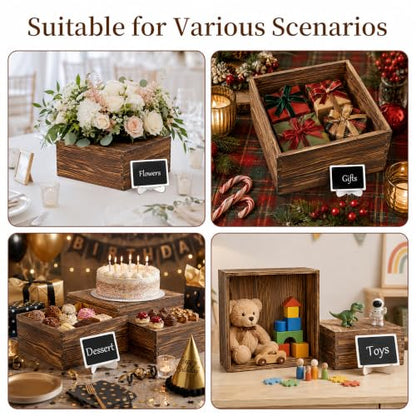 4 Pack Wooden Buffet Risers Cupcake Stand Buffet Display with Mini Signs - color: Brown, size: 4 Pcs