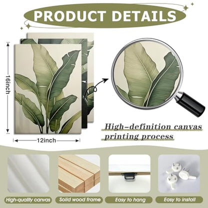 Doqueodas 3Pcs Tropical Leaf Canvas Wall Art12 x16 inch Framed - color: Banana leaf plants Framed, size: 16"Lx 12"W