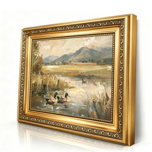 Two Mallard Ducks Lake Landscape Framed Canvas Wall Art Vintage Gold Framed Wall Art ,Vintage Wall Art Framed, Duck Pond Landscape Canvas Print, Gold Framed Nature Animal Painting, Farmhouse Wall Decor for Living Room Bedroom - color: Duck, size: 16"L x 1