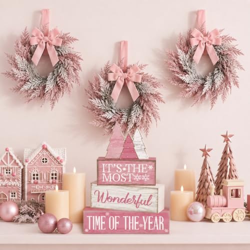Moucuny 4 Pcs Christmas Table Decoration Wooden Pink Wooden Christmas Tree - style: It’s the Most Wonderful Time of the Year