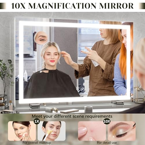 ROLOVE 32x22 Lighted Vanity Mirror, Wall-Mounted, Detachable 10X Magnifier - color: White, size: 22"L x 32"W