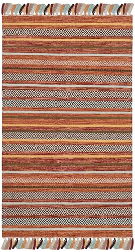 SAFAVIEH Montauk Collection Accent Rug - 3' x 5', Rust & Multi, Handmade Boho Stripe Fringe Cotton, Ideal for High Traffic Areas in Entryway, Living Room, Bedroom (MTK901D)