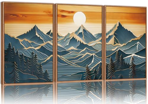 Tinonedraw Large Mountains Framed Canvas Wall Art Set of 3, Boho Nature Woodcut Forest Art Prints, Mid Century Modern Wall Decor, Sunset Landscape Art Paintings for Living Room Bedroom Office 24"x36" - color: Vintage Mountain, size: 36"L x 24"W
